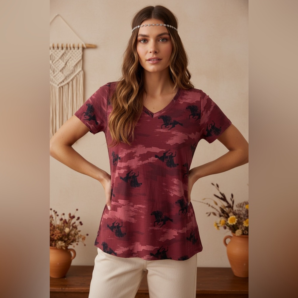 LuLaRoe • V-Neck Christy Tee • Vintage • Camouflage Horses • Rare Print